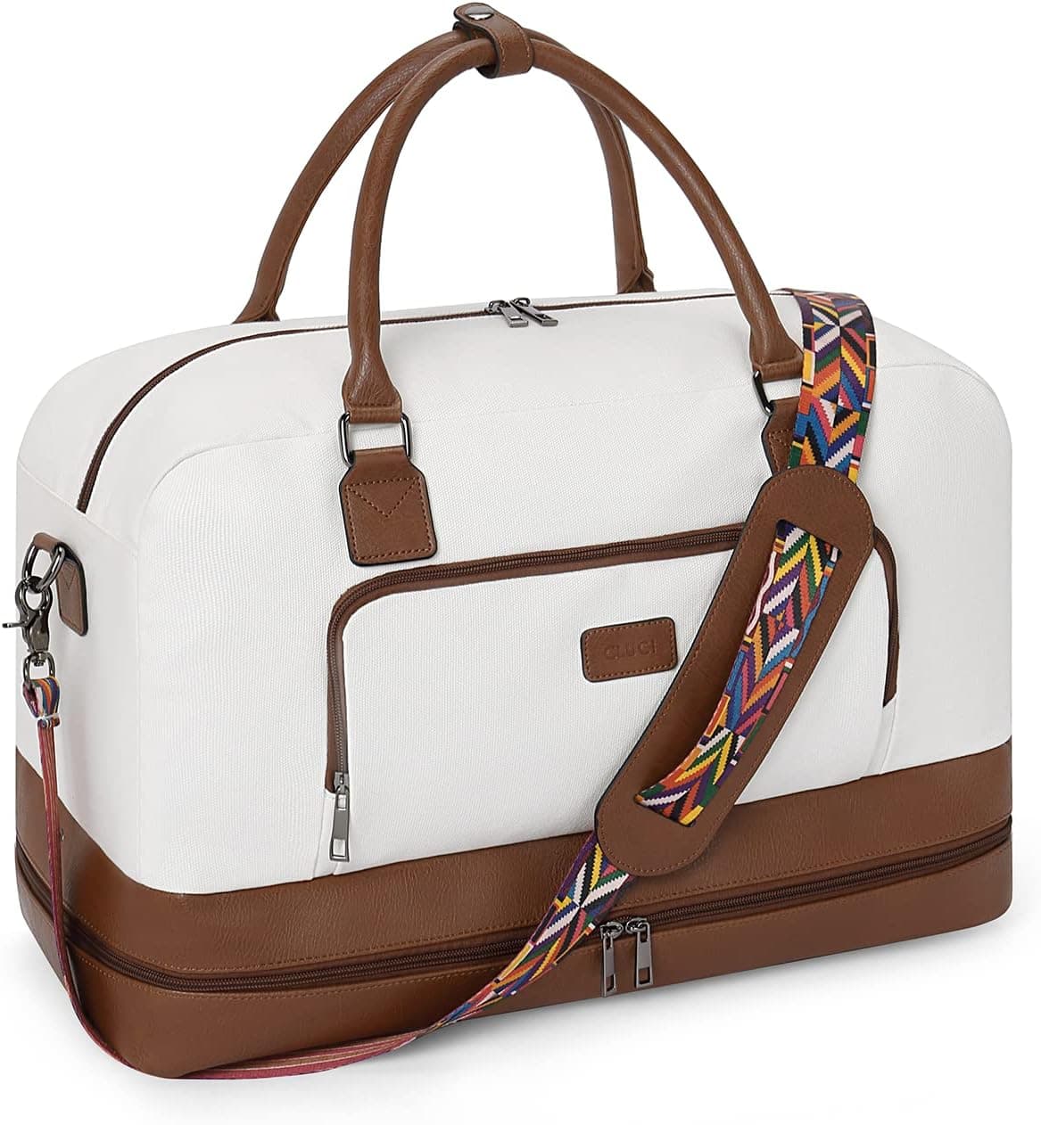 CLUCI Weekender Bags for Women Canvas Duffle Bag Travel Overnight Bags Carry On Tote with Shoe Compartment Beige with Brown