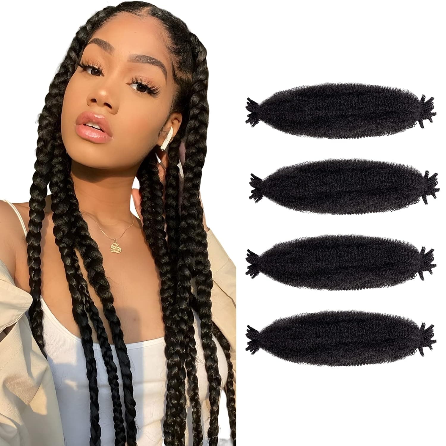 Benehair Black Pre Separated Springy Afro Twist Hair 24 Inch 4 Packs Pre-Fluffed Spring Twist Hair Marley Twist Braiding Hair for Faux Locs Crochet Hair Synthetic Hair Extensions (8 Strands/Pack, 1B)