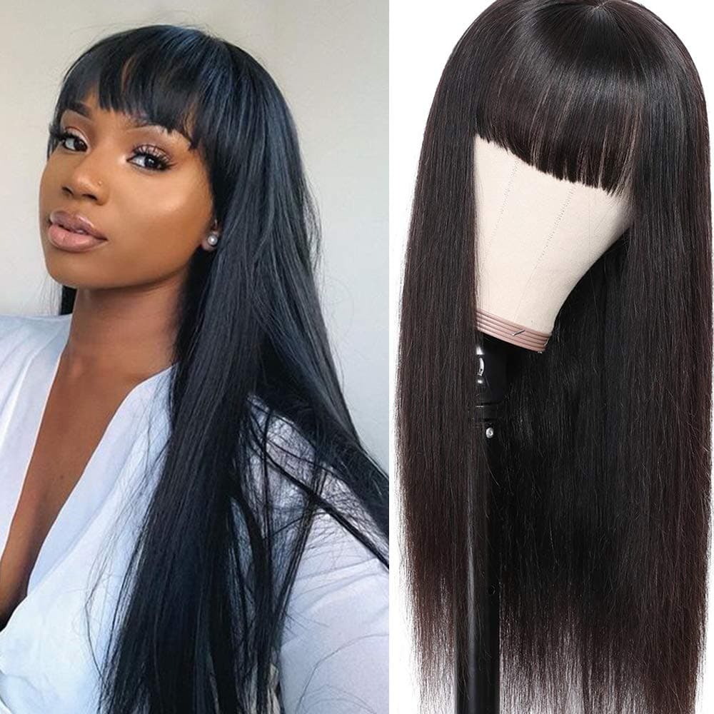 Lzlefho Silky Brazilian Virgin Straight Human Hair Wigs with Bangs 130% Density None Lace Front Wigs Glueless Machine Made Wigs for Black Women Natural Color (22inch)