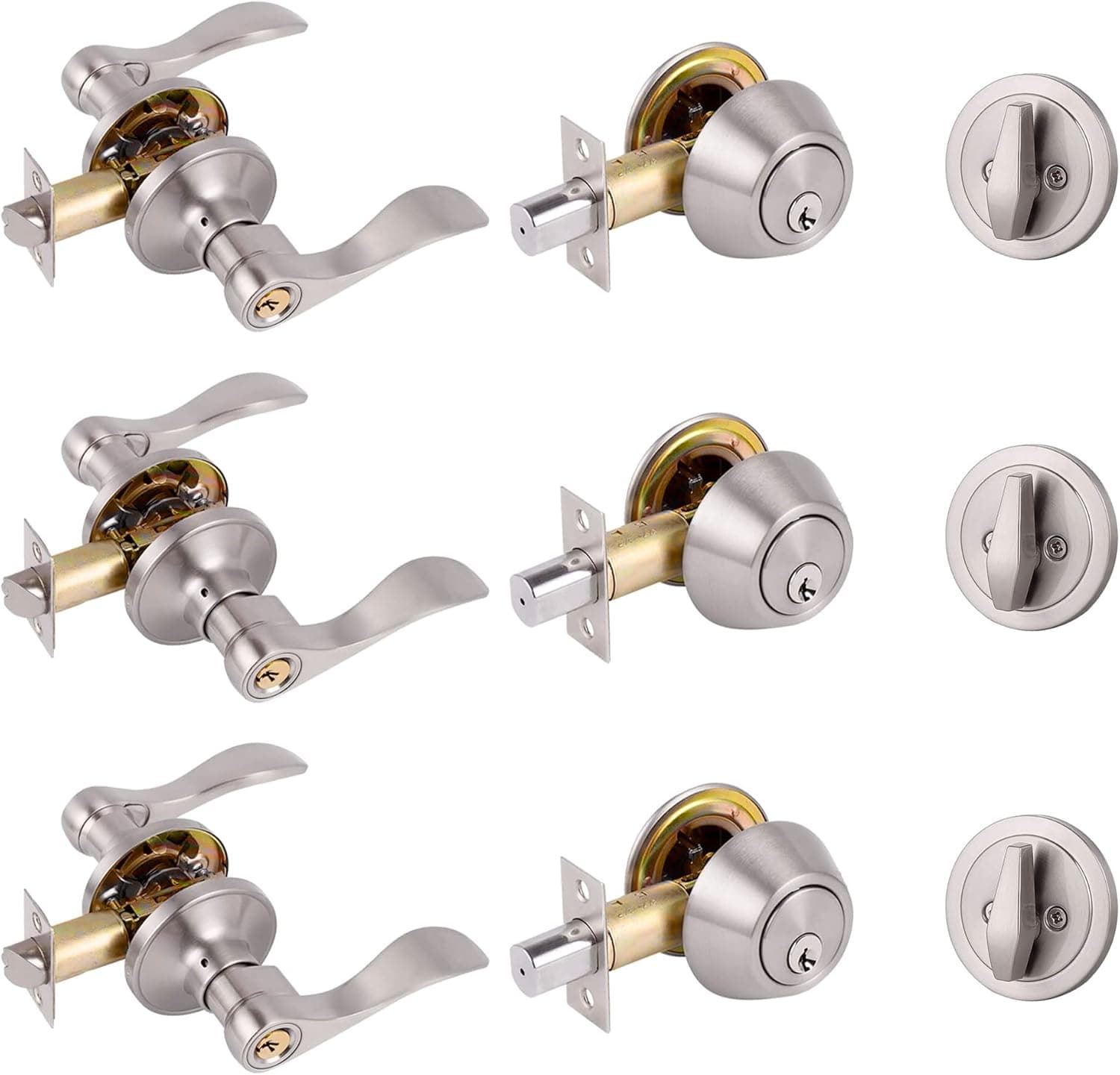 VINTEX Keyed Different Front Door Lock with Single Cylinder Deadbolt, Wave Style Door Lever Lockset for Entrance Front Door, Different Key , Security Door Hardware, Satin Nickel Finsh (3 Pack)