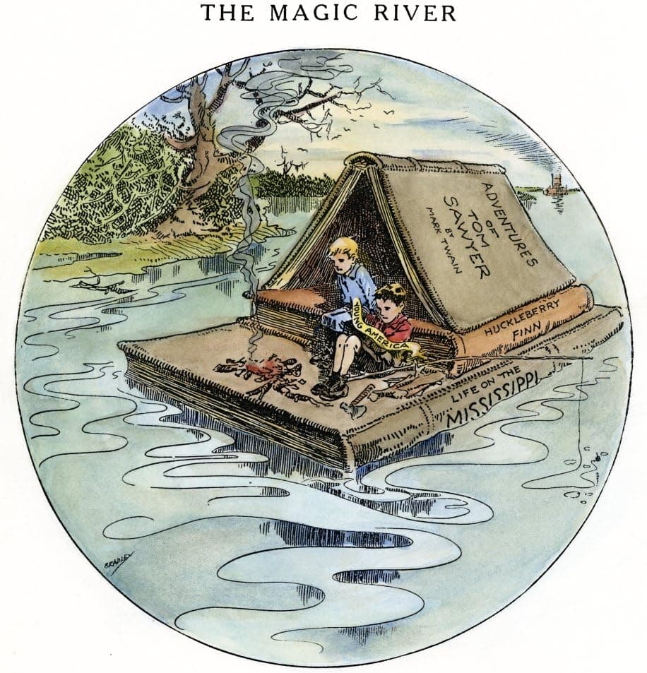 Clemens Tom & Huck 1910 Nsamuel Clemens Creations Tom Sawyer And Huckleberry Finn Floating Down The Mississippi On A Literary Raft Cartoon By Luther D Bradley On The Occasion Of Clemens Death 21 April