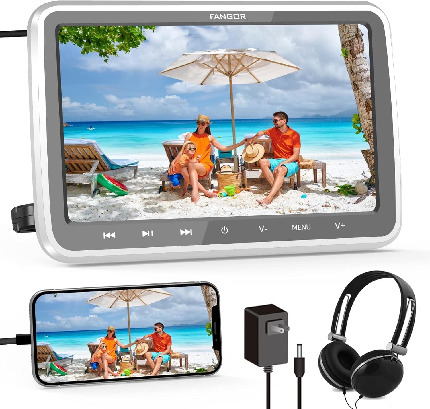 FANGOR 10.5'' Car DVD Player with HDMI Input 1080P Video Support Headrest Mount Headphone Car/Wall Charger(Not Battery Powered) Memory Function Free Regions USB/SD (Grey)