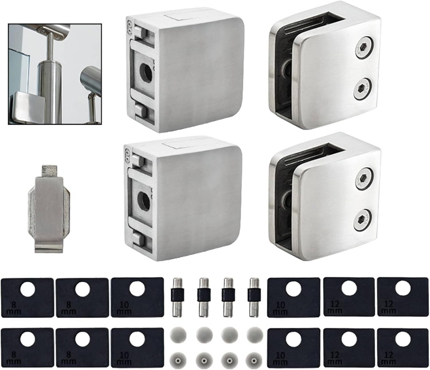 Glass Clamp - 4PCS Glass Bracket for 1/3"-1/2" Tempered Glass, Stainless Steel 304 Flat Back Square Glass Clip Polished for Balustrade 、Staircase 、Handrail, Glass Holder Metal Casting