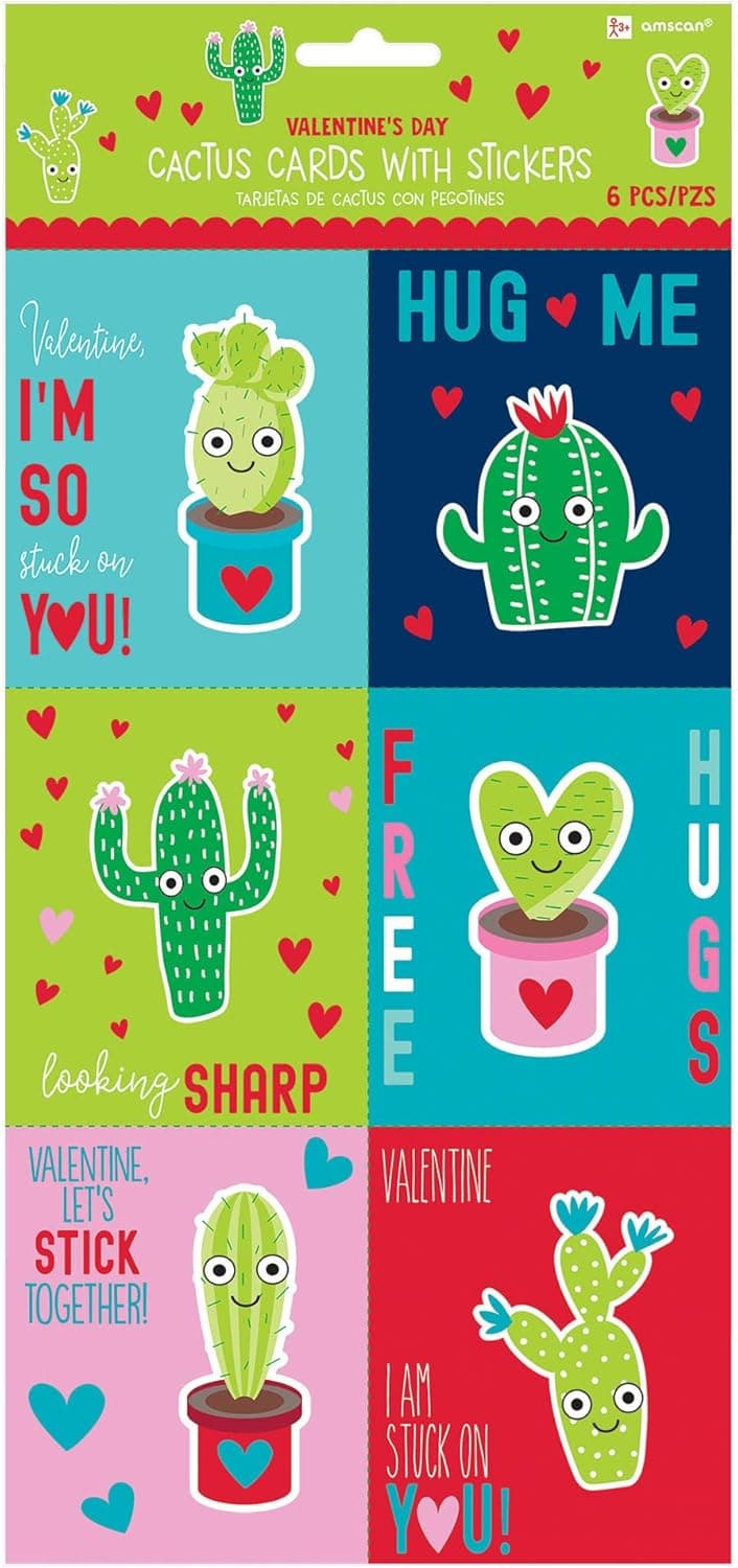 Party Favors, Cactus Valentine Cards with Puffy Stickers, 12 Pc.