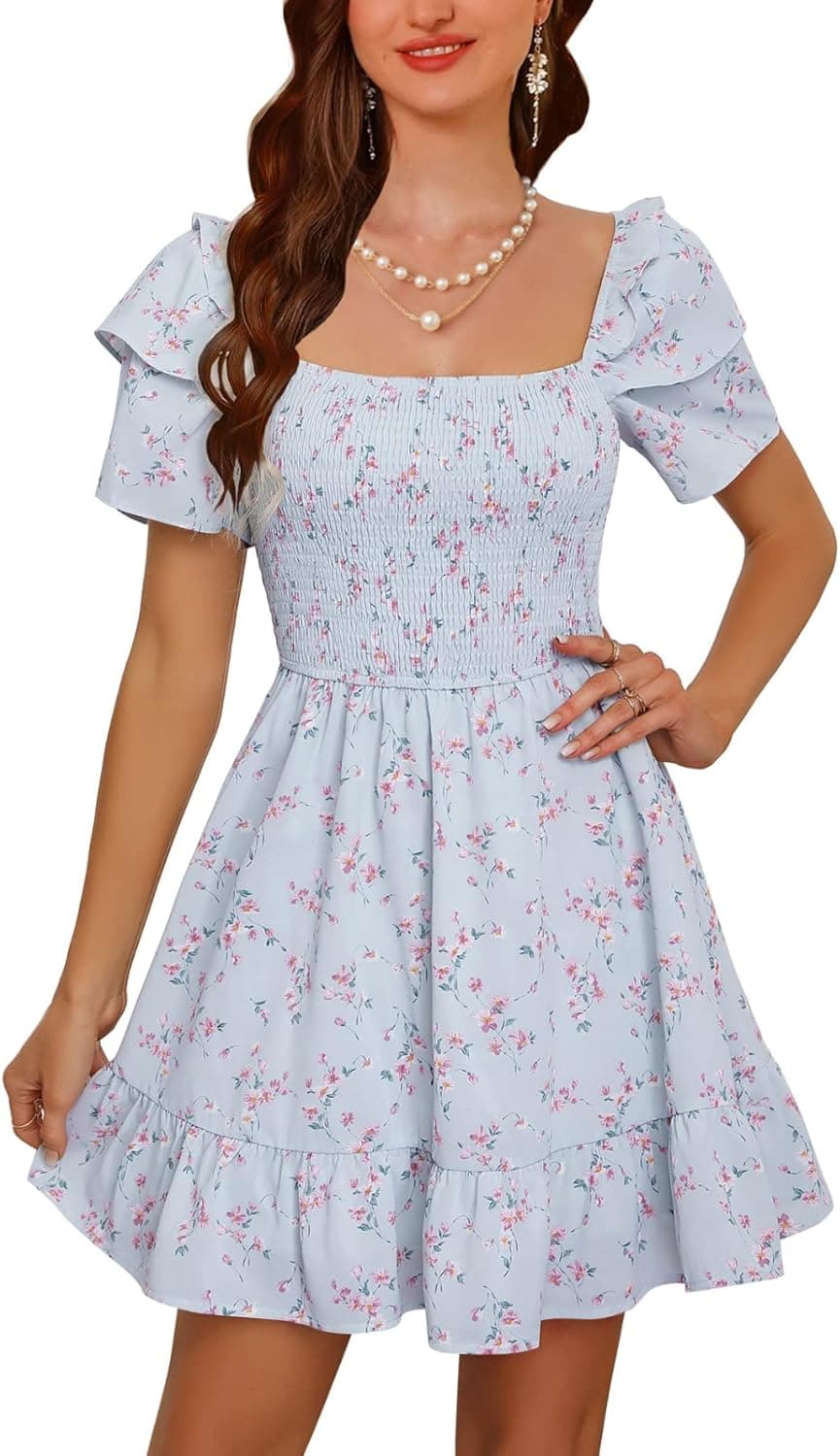 Byinns Women's Floral Mini Sundress Square Neck Layered Short Sleeve Smocked Boho Dress Cottagecore Vacation Vintage Dress