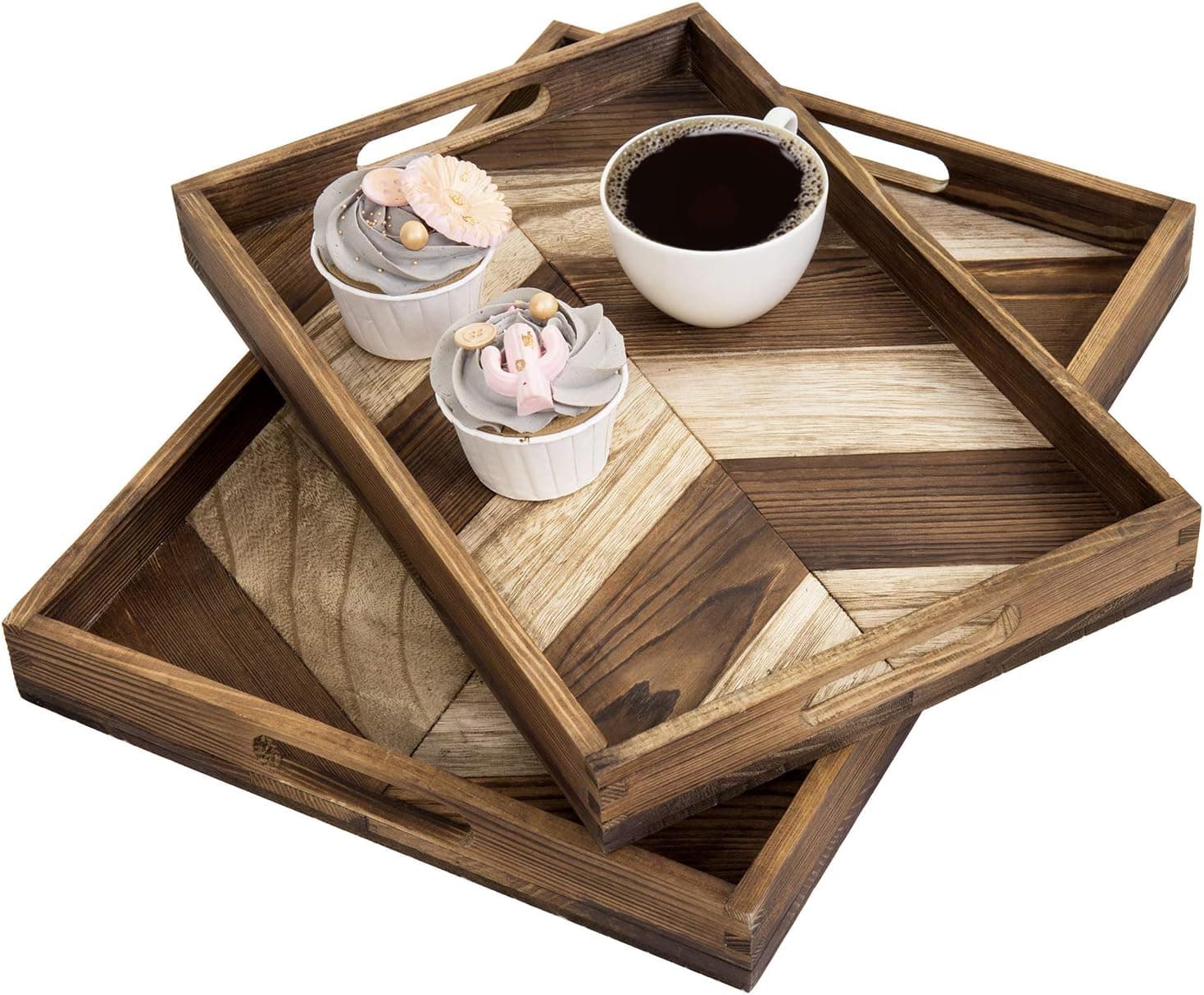 MyGift Large Wooden Nesting Breakfast Trays with Chevron Arrow Design - Burnt Brown Wood Snack Serving Tray with Cutout Handles, 2 Piece Set