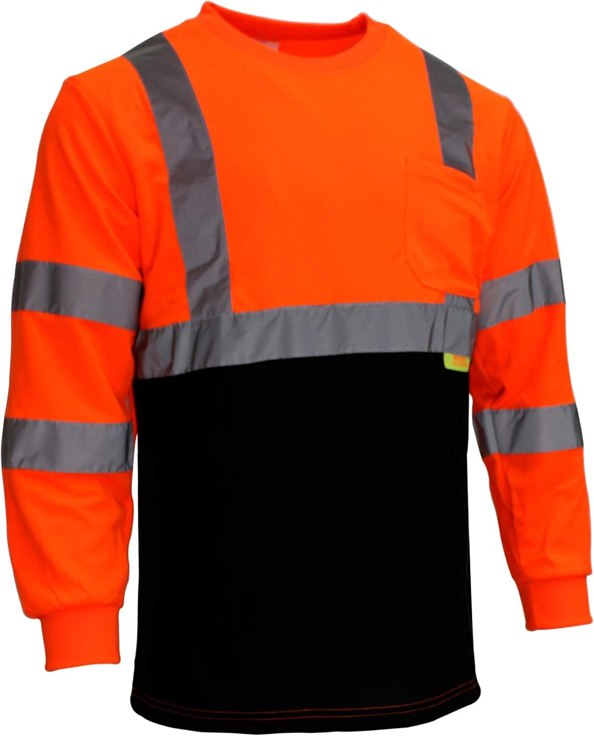 Class 3 Hi-Viz Long Sleeve Black Bottom Safety T-Shirts with Reflective Tapes (Or, L)
