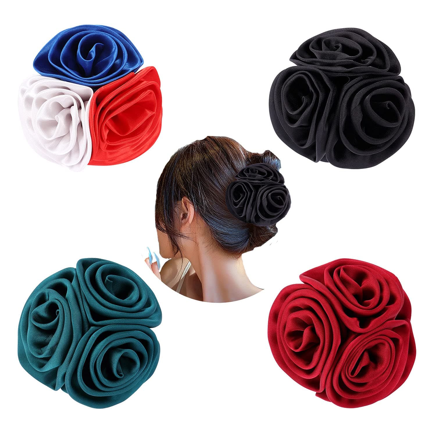 Lawie 4 Pack Large Butterfly Octopus Satin Rose Flower Large Bows Plastic Hair Claw Clips Jaw Barrettes Grips Clamps Clasps Pins Decorative Buns Twist Hair Up Fancy Accessories for Women Girl