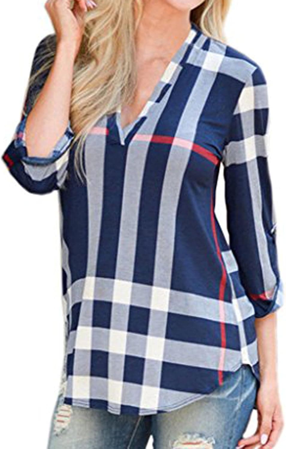 Elevesee Women's Casual 2/3 Sleeve V-Neck Plaid Shirts Pullover Top