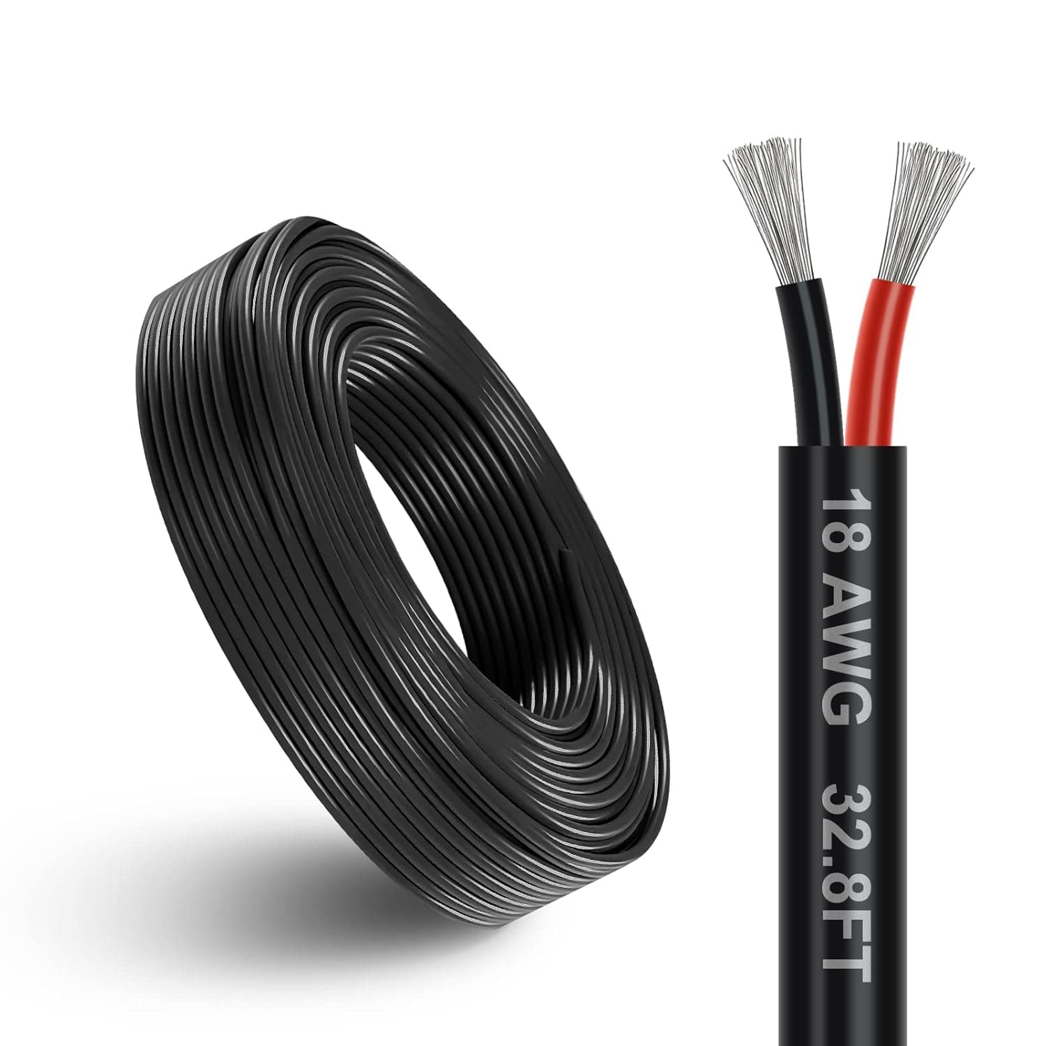 DEKIEVALE 18 Gauge 2 Conductor Electrical Wire, 32.8FT Black Stranded Low Voltage 18/2 Cable PVC Case, 18 AWG Tinned Copper 2 Wire Cable Extension Power Cable for Strips LED Lamp Lighting Automotive