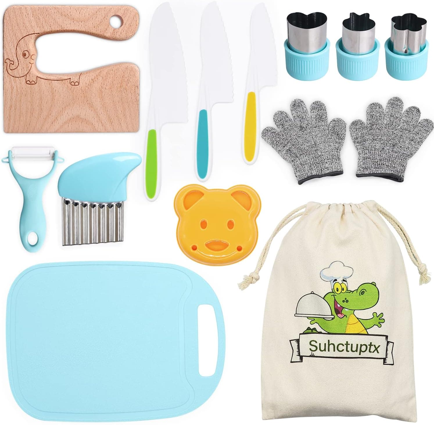 14 Pieces Wooden Kitchen Knife Set with Gloves Cutting Board Fruit Vegetable Crinkle Cutters Serrated Edges Plastic Toddler Knifes for Real Cooking Kid Safe Knives - Elephant
