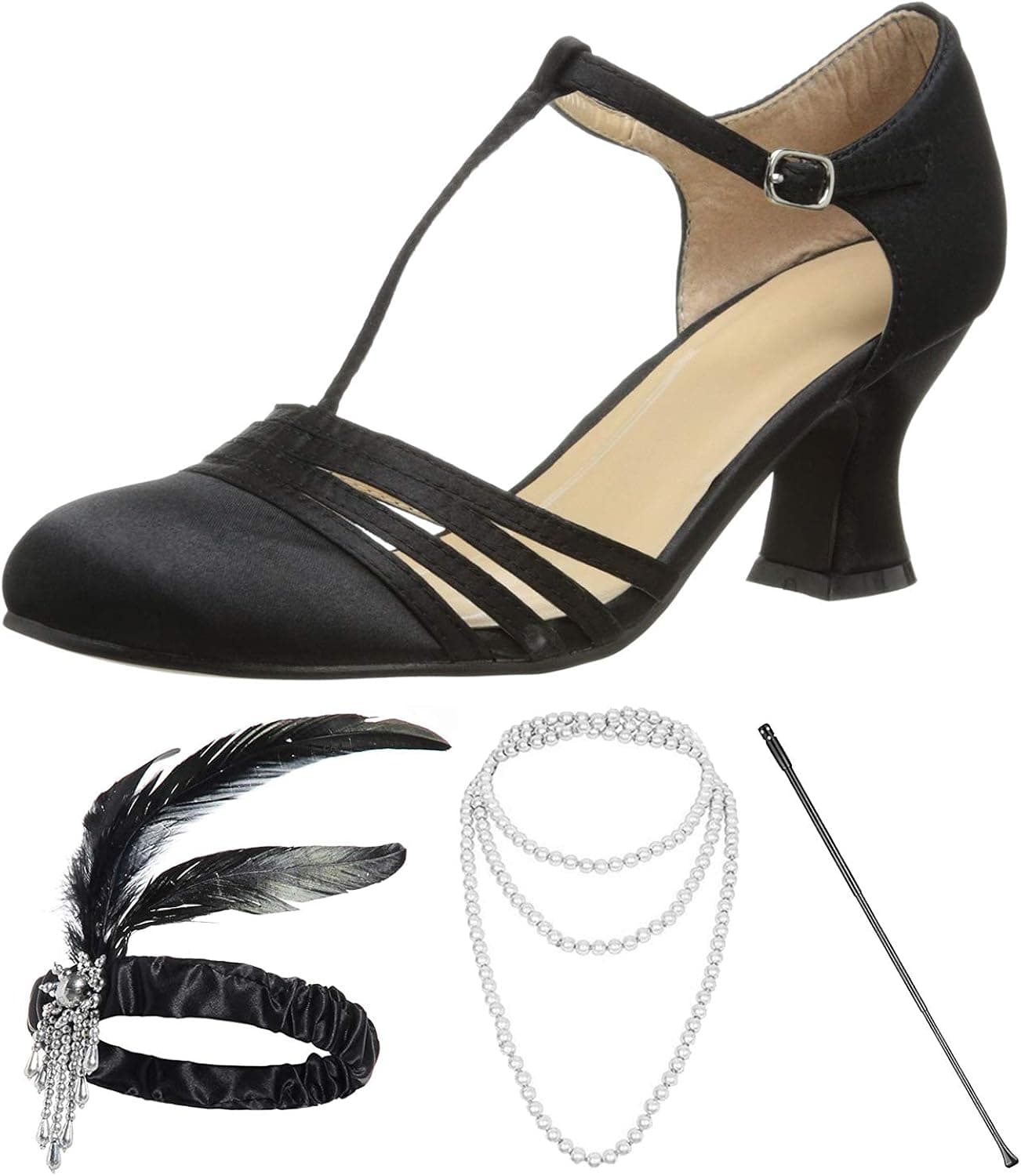 1920s Shoes for Women, Lucille Dress Salsa Dance Pump,Flapper Headband,Cigarette Holder for Great Gatsby Costume Accessories