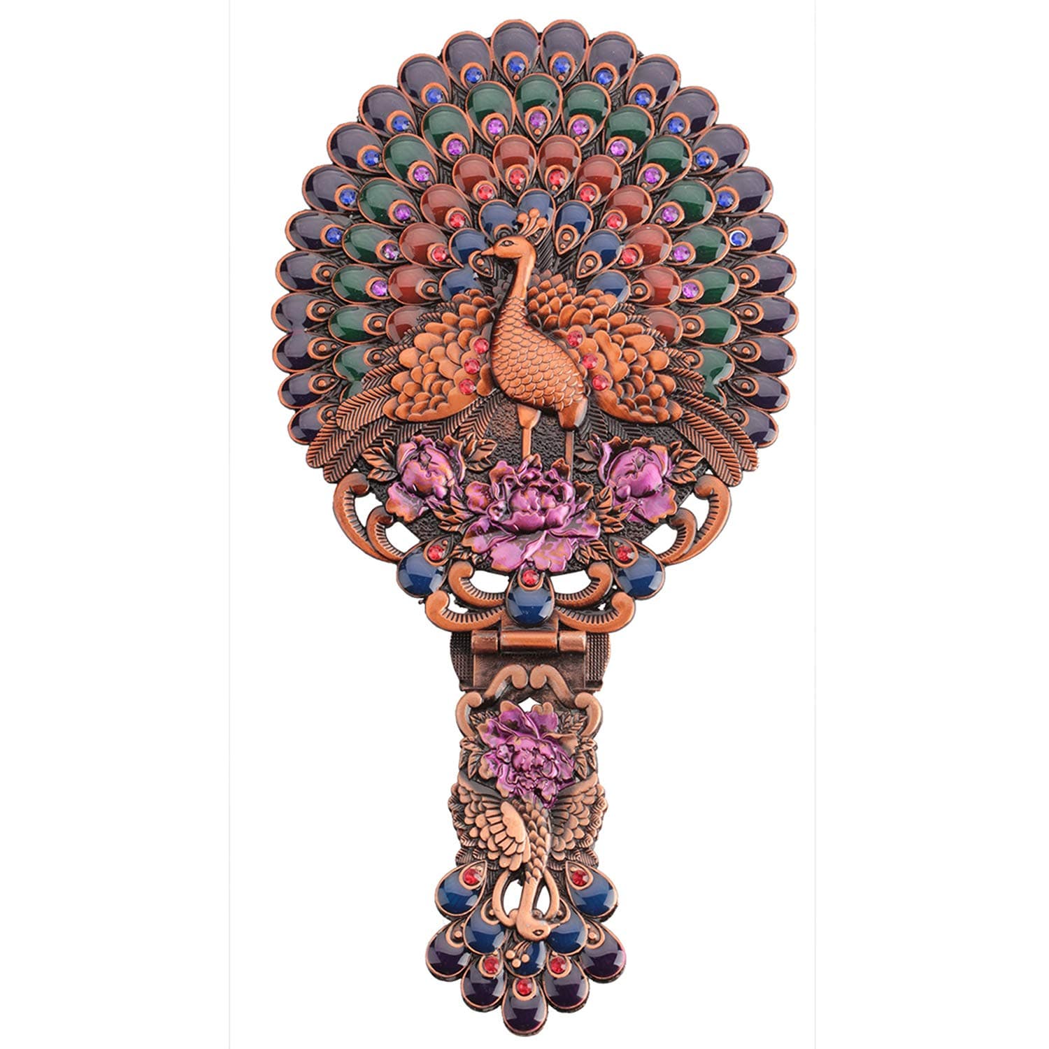 Moiom Vintage Hand Mirror Metal Foldable Oval Peacock Spread Tail Pattern Makeup Hand/Table Mirror,Decorative Mirror (Copper Red)