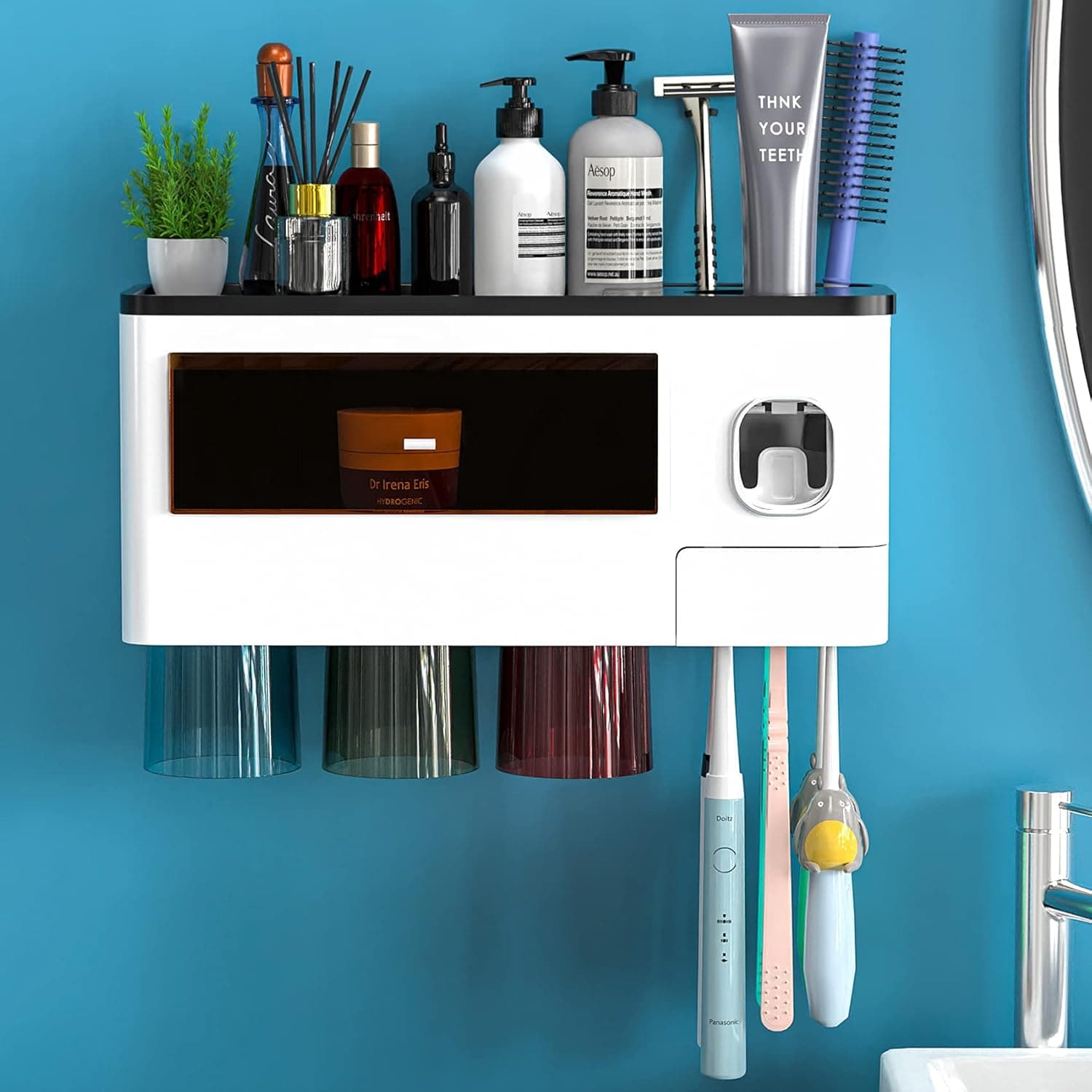 Toothbrush Holder Wall Mounted, Toothpaste Dispenser for Bathrooms Automatic Electric Tooth Pastetooth Dispenser Squeezer Accessories Set for Kids, Toothbrush Organizer Rack with Magnetic Cup Grey