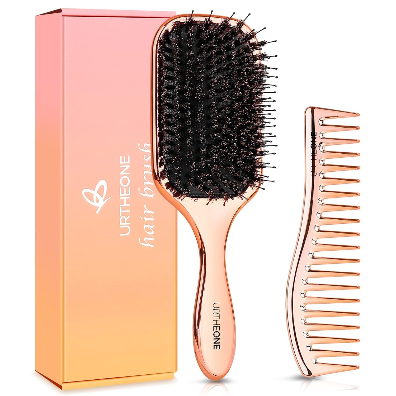 Hair Brush, Boar Bristle Hair Brushes for Women men Kids Curly Think Thin Wavy Long Short Dry Hair,Paddle hairbrush and Wide Tooth Comb for Home and Travel Detangling Smoothing Massaging(Rose Gold)