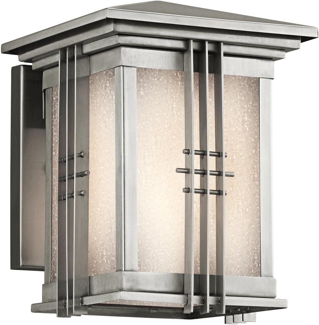 Kichler 49157SS Portman Square 1LT 8IN Exterior Wall Lantern, Stainless Steel Finish with Etched Seedy Glass