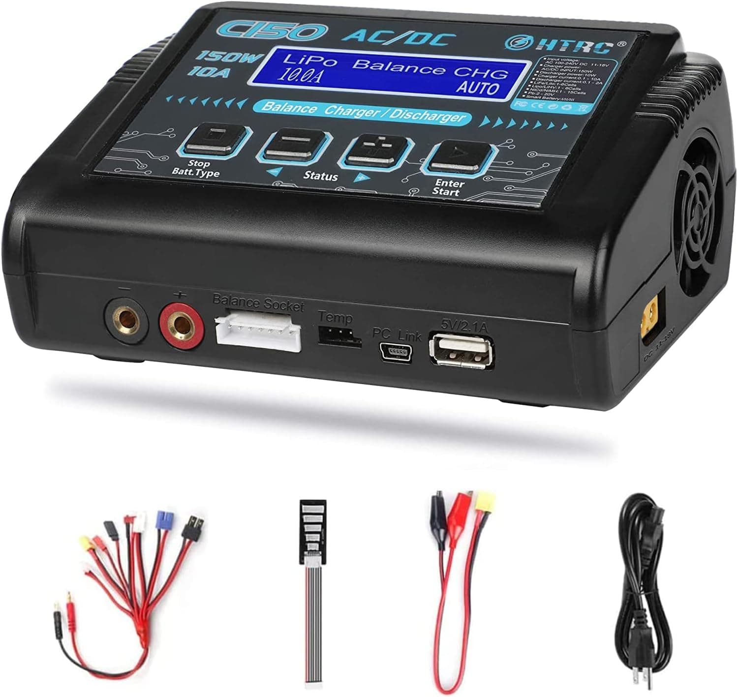 HTRC LiPo Battery Charger RC Balance Fast Charger Discharger 150W 10A AC/DC C150 Battery Chargers for 1-6S Life Li-ion LiHV NiCd NiMH PB Smart Battery (Black)