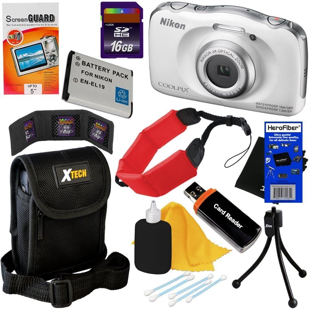 Nikon COOLPIX S33 Waterproof & Shockproof 13.2 MP Digital Camera with 3x Zoom NIKKOR Lens and Full HD 1080p Video, White - International Version (No Warranty) + EN-EL19 Battery + 9pc Bundle 16GB Accessory Kit w/ HeroFiber Ultra Gentle Cleaning Cloth