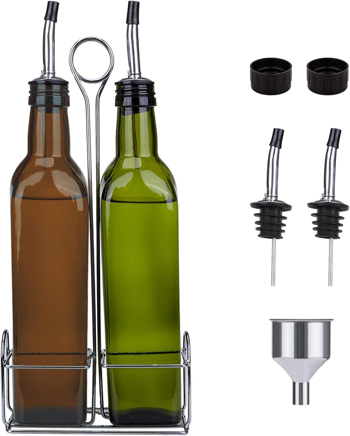 Hedume 2 Pack 17oz Glass Olive Oil Bottle with Stainless Steel Holder Rack, Olive Oil & Vinegar No-drip Dispenser Bottle Set with Pourers and Funnel for Kitchen