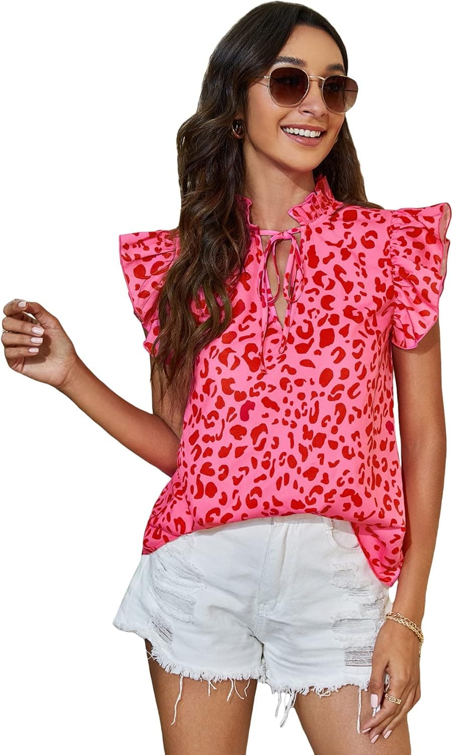 WDIRARA Women's Ruffle Cap Sleeve V Neck Top Blouse Casual Solid Shirts