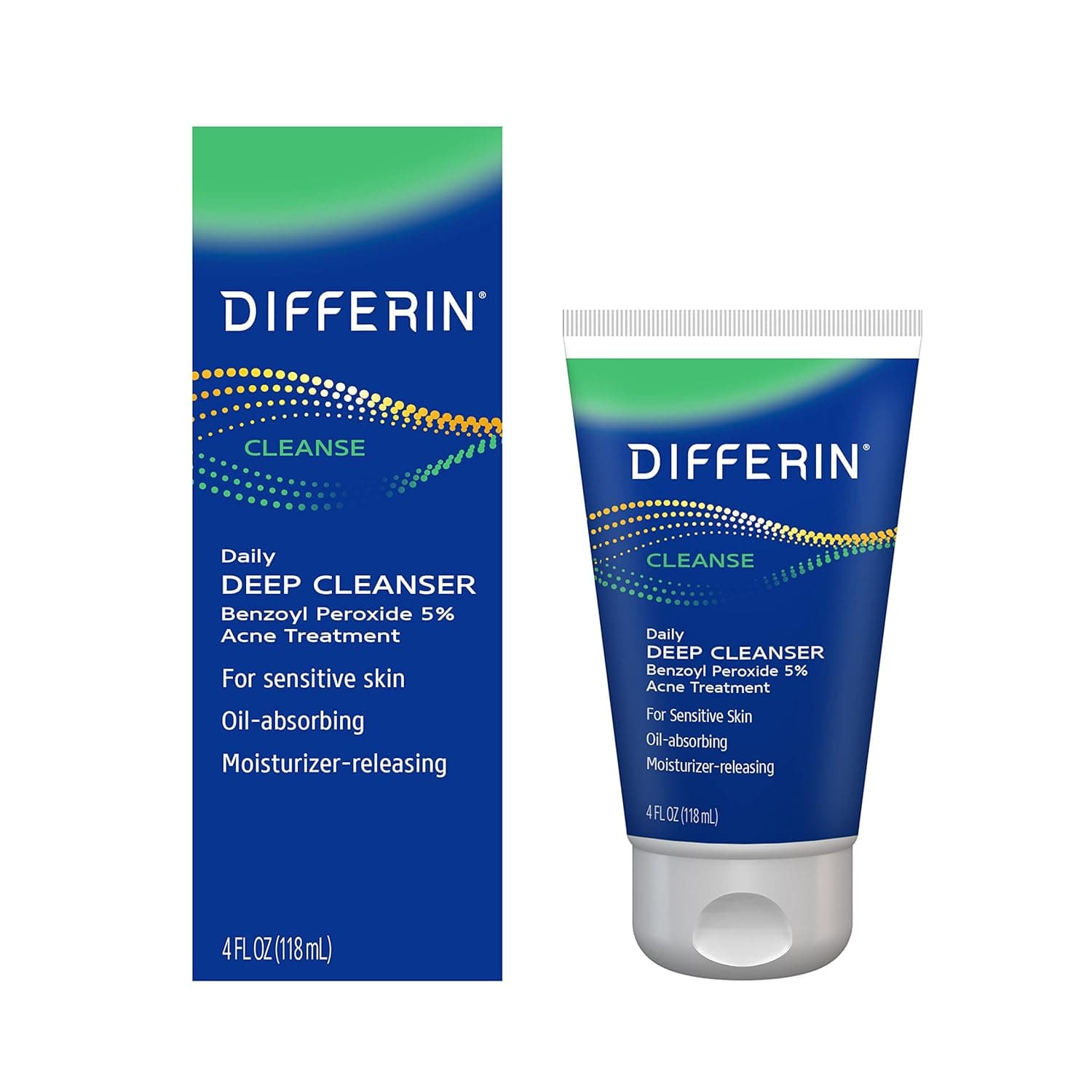 Differin Acne Face Wash with 5% Benzoyl Peroxide, Daily Deep Cleanser by the makers of Differin Gel, Gentle Skin Care for Acne Prone Sensitive Skin, 4 oz (Packaging May Vary)