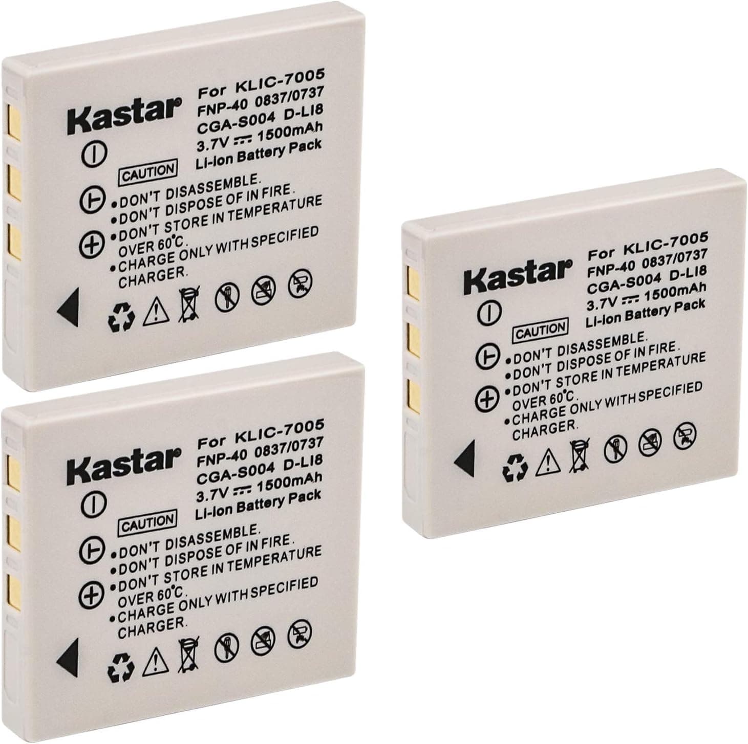 Kastar Battery 3 Pack for KLIC-7005, SLB-0837, CGA-S004 DMW-BCB7, FNP-40 Sanyo NP-40, UF55346, D-Li8, Dli-102, NP-1, DE-992, BC-40, SBC-L5