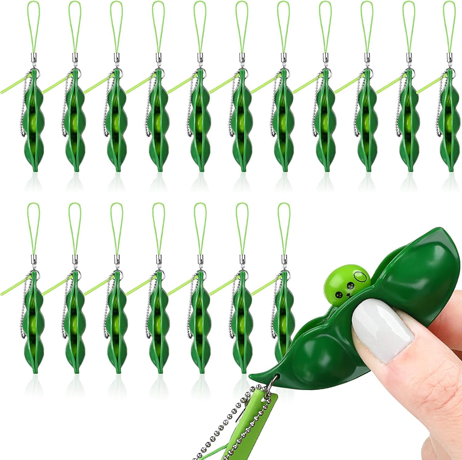 18 Pieces Fidget Bean Toy Fidget Soybean Extrusion Bean Pea Soybean Edamame Keychain Keyring for Kids Release Stress