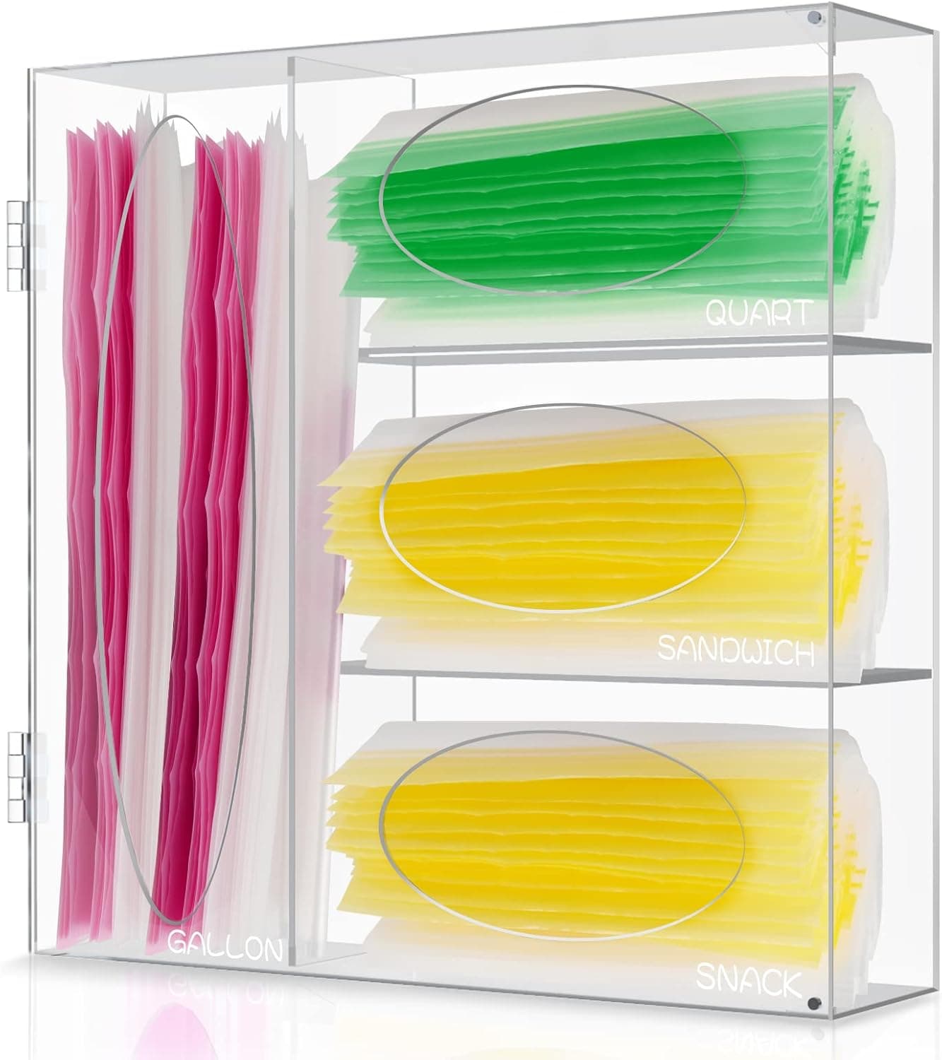 Miirr Kitchen Clear Ziplock Bag Storage Organizer, Acrylic Baggie Organizer for Drawer, Sandwich Food Bag Organizer, Plastic Ziploc Bag Dispenser Holder for Gallon, Quart, Solimo, Glad, Snack