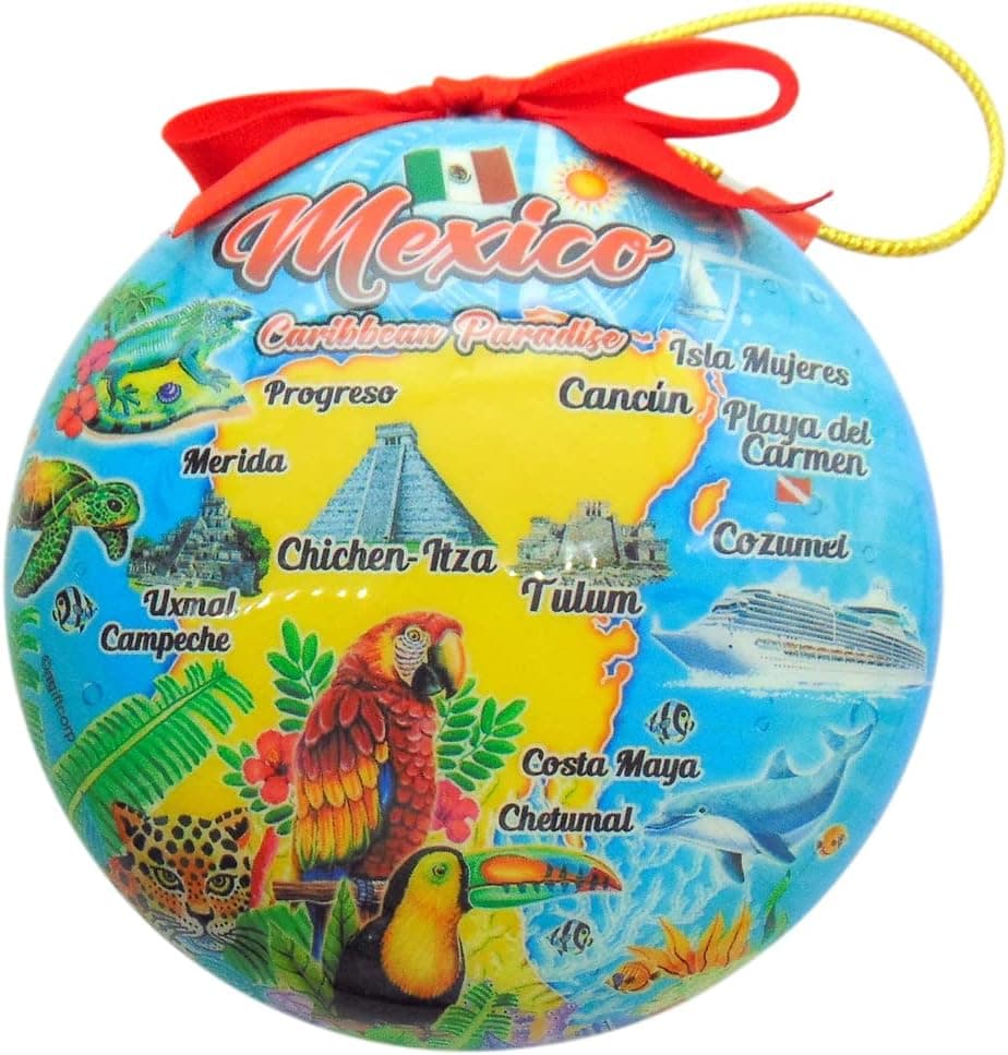 Mexico Christmas Ornament Yucatan Peninsula Cancun and Cozumel Vacation Souvenir Decoration with Colorful Map