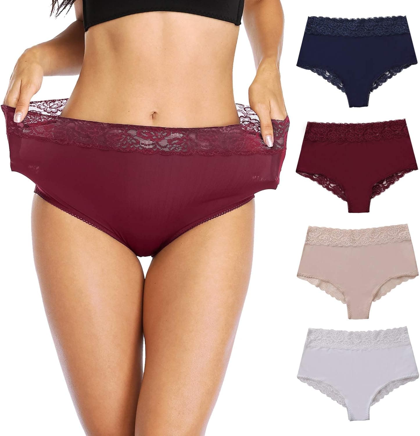 Anwell Womens Nylon Lace High Waisted Underwear Panties Briefs Stretch 4 Pack