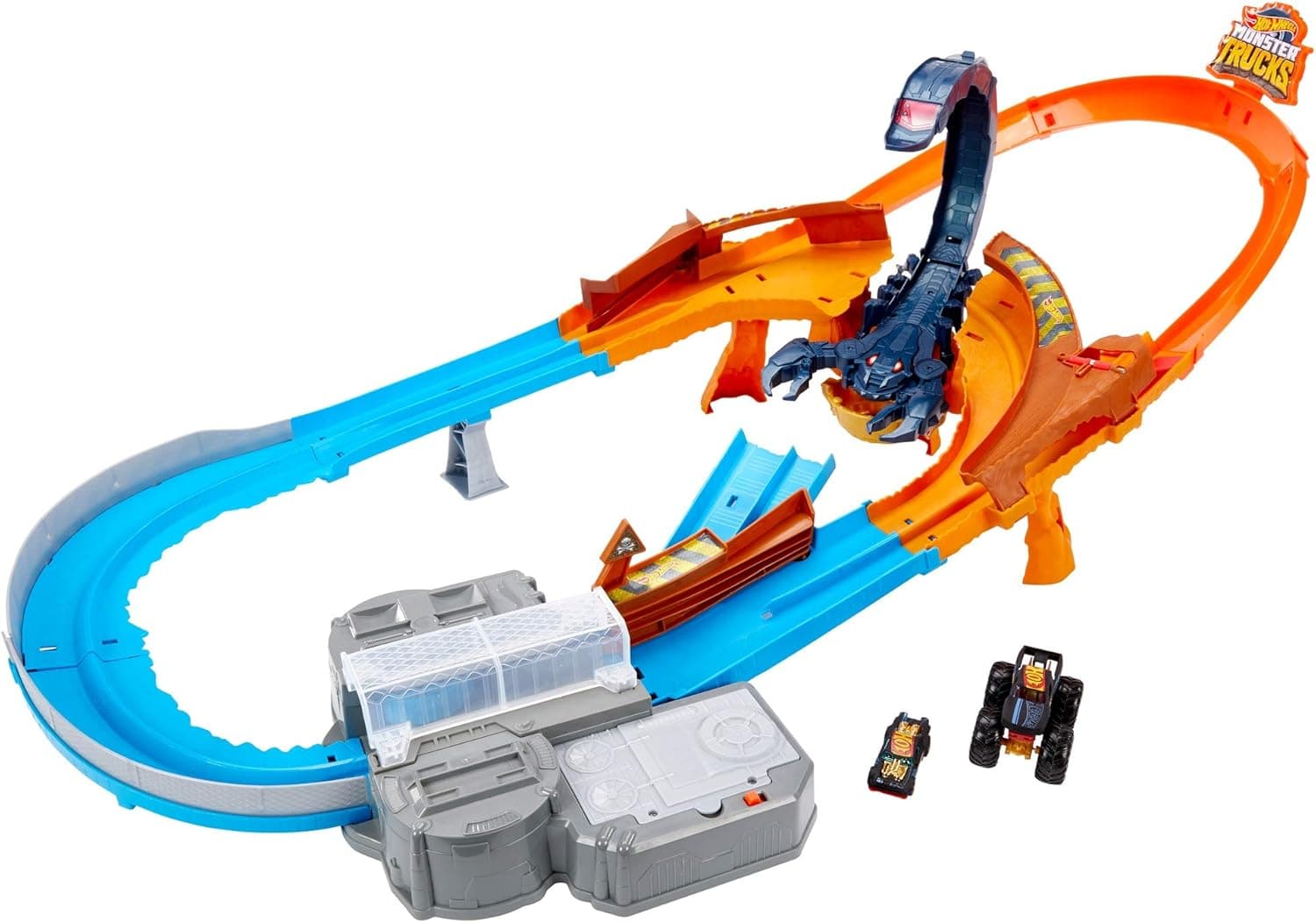 Hot Wheels Monster Trucks Scorpion Sting Raceway 3.5 feet Motorized Track Set with Giant Scorpion, 1:16 scale Monster Truck Podium Crasher & 1 Hot Wheels 1:64 Scale Night Shifter Model