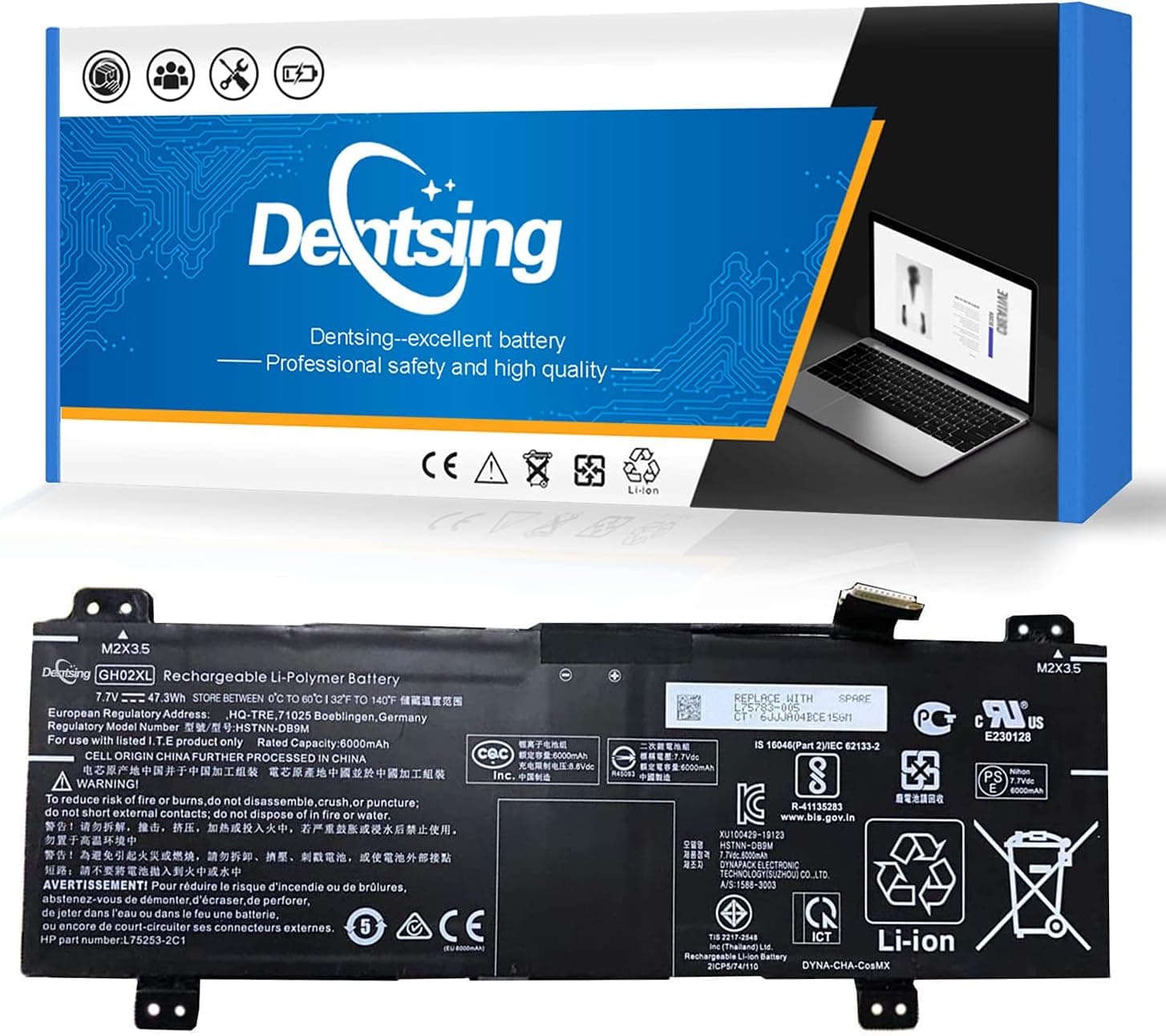 Dentsing GH02XL 7.7V 47.3W/6000mAh HSTNN-DB9M Laptop Battery Compatible with HP Chromebook 11A G8 11 G8 14 G6 X360 11 G3 14AT-NA000 NA0010CA NA0010DS Series HSTNN-UB7V L75783-005 L75253-541