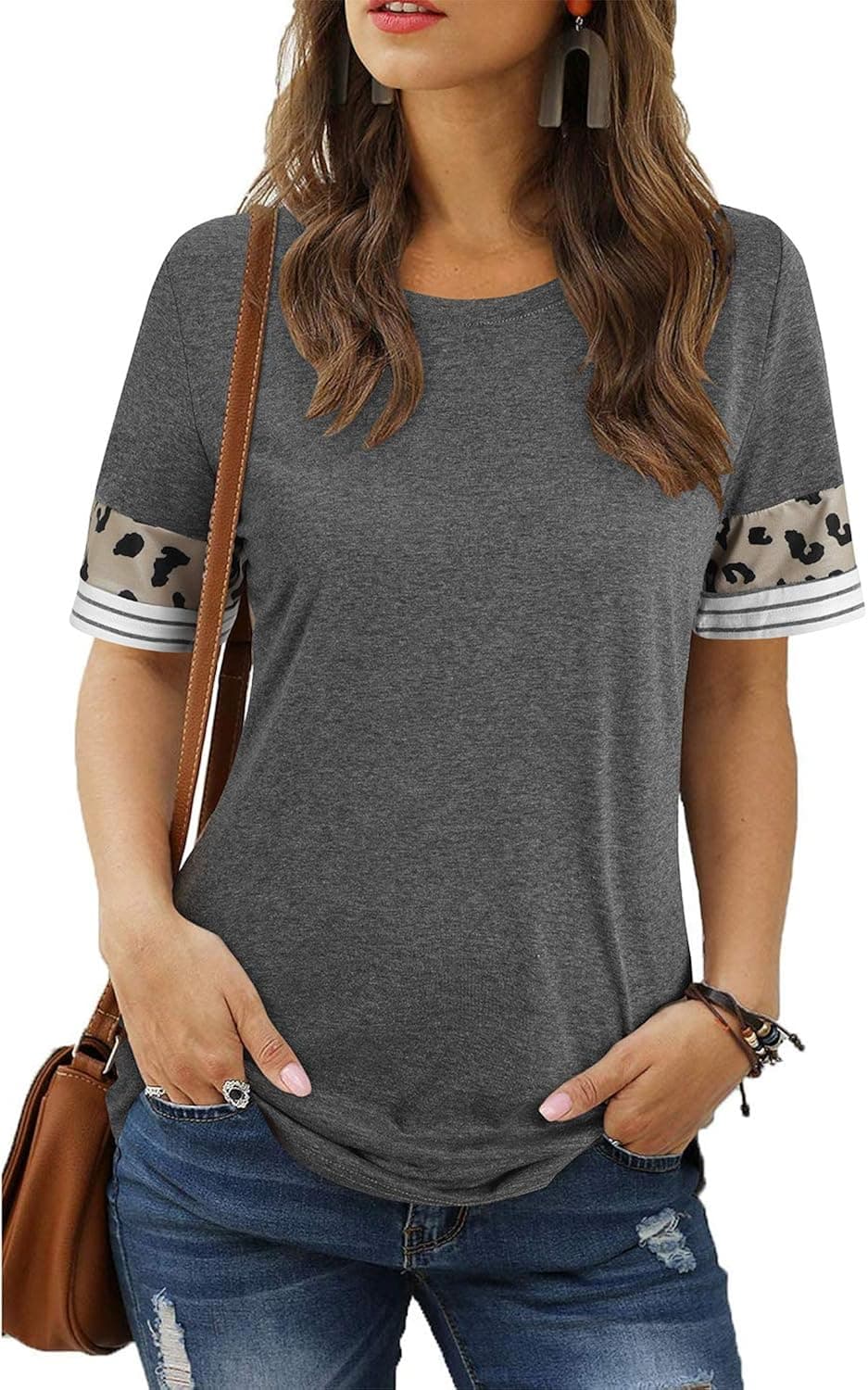 KILIG Womens Long Sleeve Tunic Tops Crew Neck Leopard Color Block Patchwork Casual T-Shirts