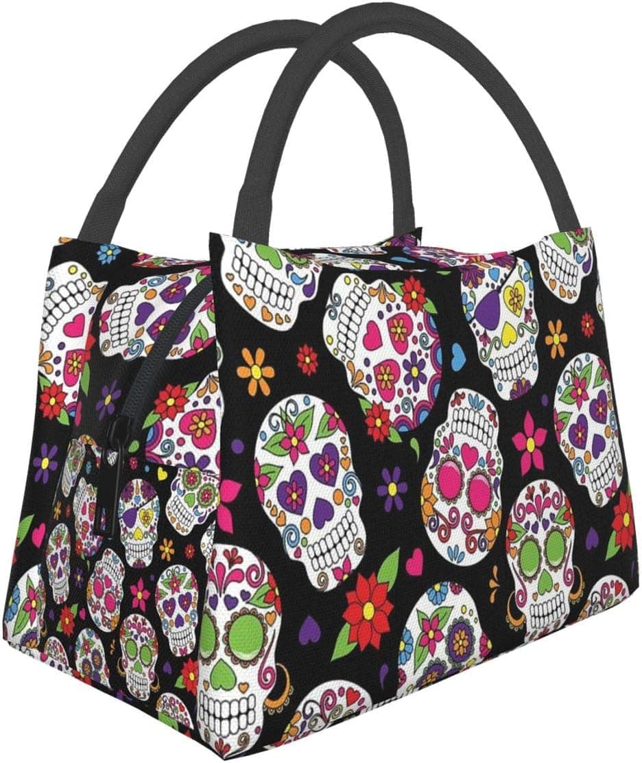 Lunch Bag Insulated Tote Day Of The Dead Sugar Skull Thermal Cooler Box Leakproof Collapsible Reusable Shopping Grocery Bags For School Office Picnic Travel Halloween Christmas