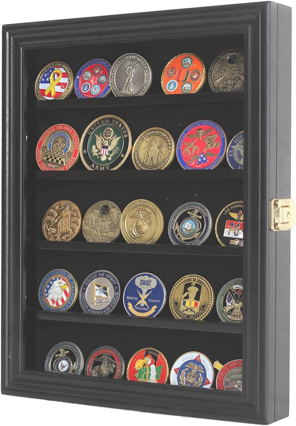 DisplayGifts Military Challenge Coin Display Case Poker Chips Holder Wall Cabinet Showcase Storage Rack with 5 Shelves for Coin Collection Solid Wood Wall Mount Black Finish Frame