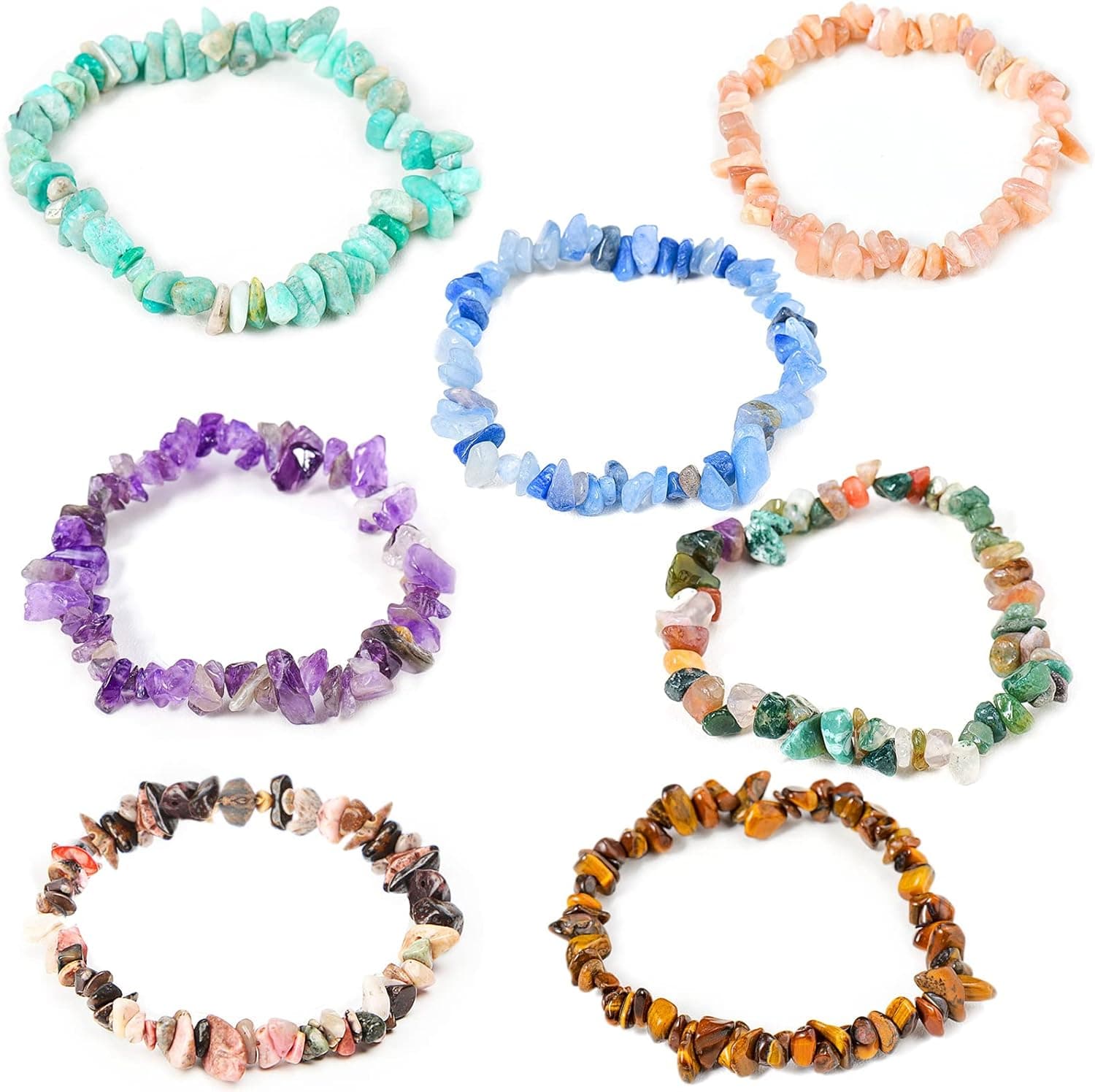 17Dec 7Pcs Natural Gemstone Chakra Bracelets Crystal Healing Chip Stone Unisex Adjustable Stretch Bracelets for Women Men Reiki Yoga Anxiety