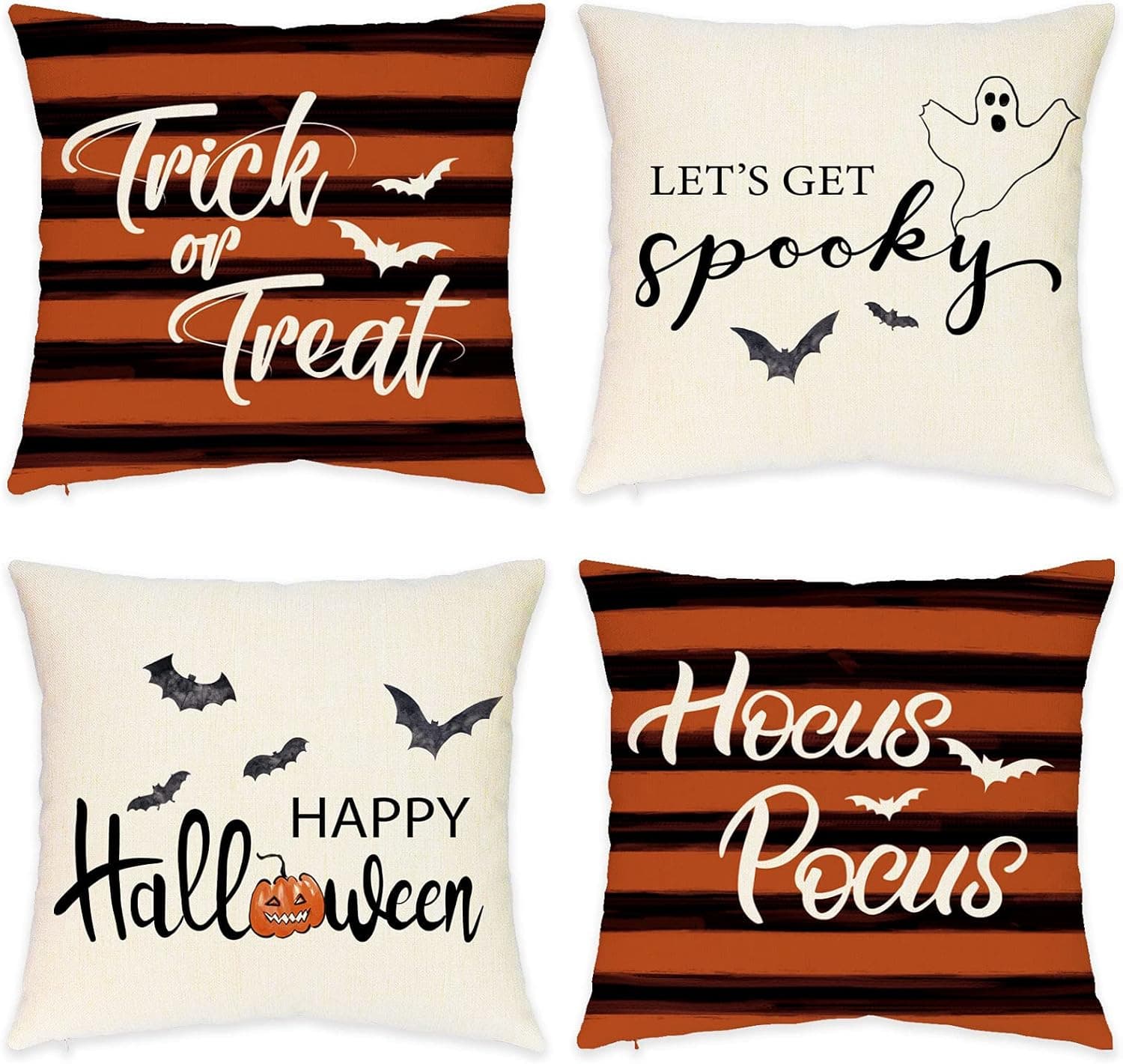 Halloween Pillow Covers 18x18 Inch Set of 4.Black&Orange Striped Trick or Treat Hocus Pocus Throw Pillow Covers, Halloween Decorative Cushion Case Decoration for Couch (18x18 inch)