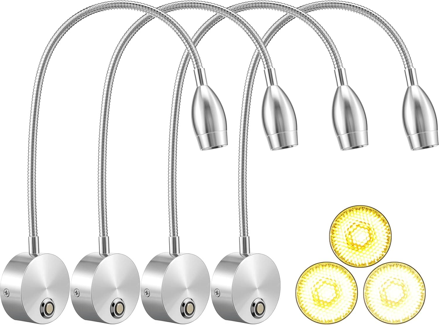 4 Pcs Bed Reading Light Wall Mounted Book Reading Lamp Dimmable Gooseneck Bedside Reading Light with Touch Dimmer Plug in Wired Sconce for Reading Work Study Art Display, Adjustable 3 Colors Modes