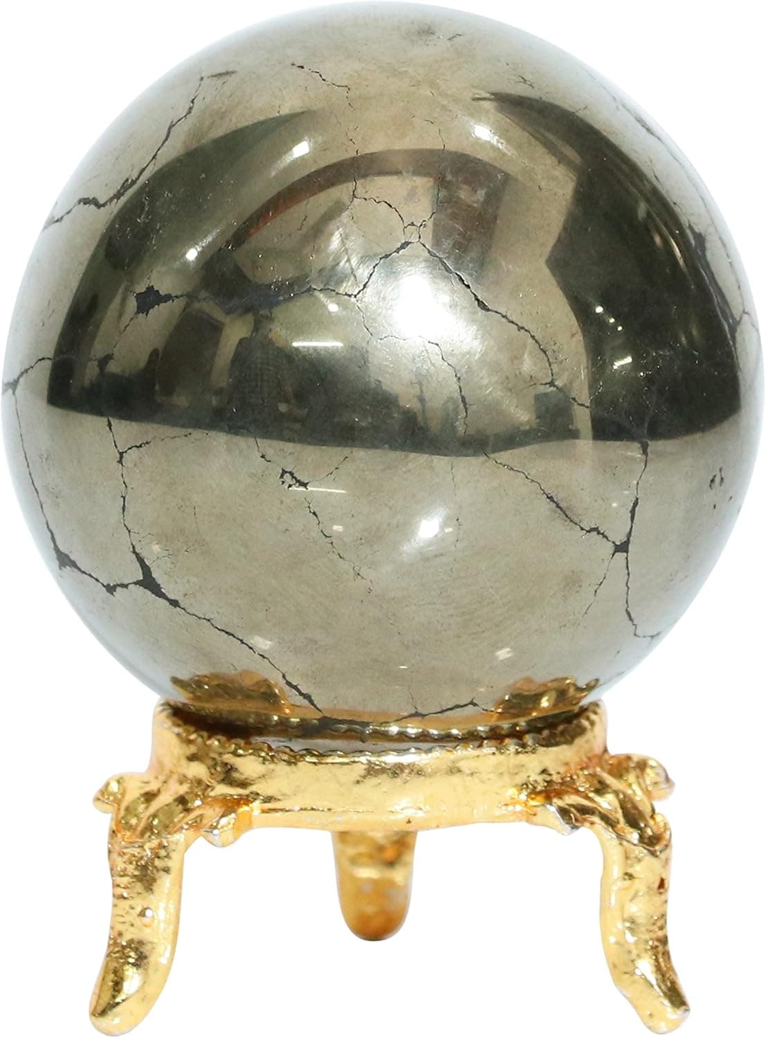 Crocon Golden Pyrite Stone Ball with Metal Stand Gemstone Ball Healing Stone Sphere Sculpture Figurine for Fengshui Divination Home Decoration Photography Crystal Sphere Size: 40-50mm