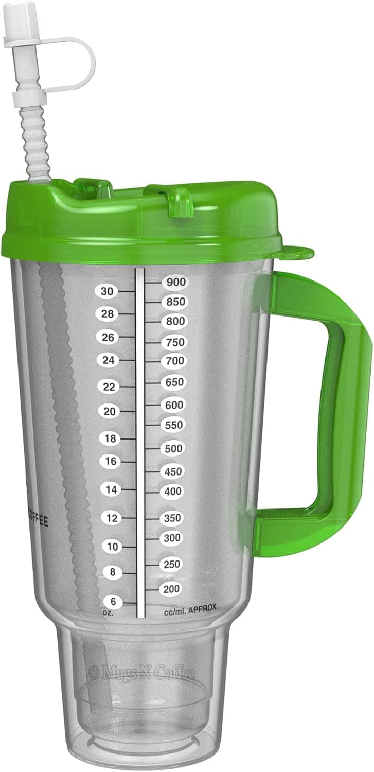 32 oz Double Walled Hospital Mug with Straw - Car Mug Fits in Most Cup Holders | Travel Mug (Green Apple)