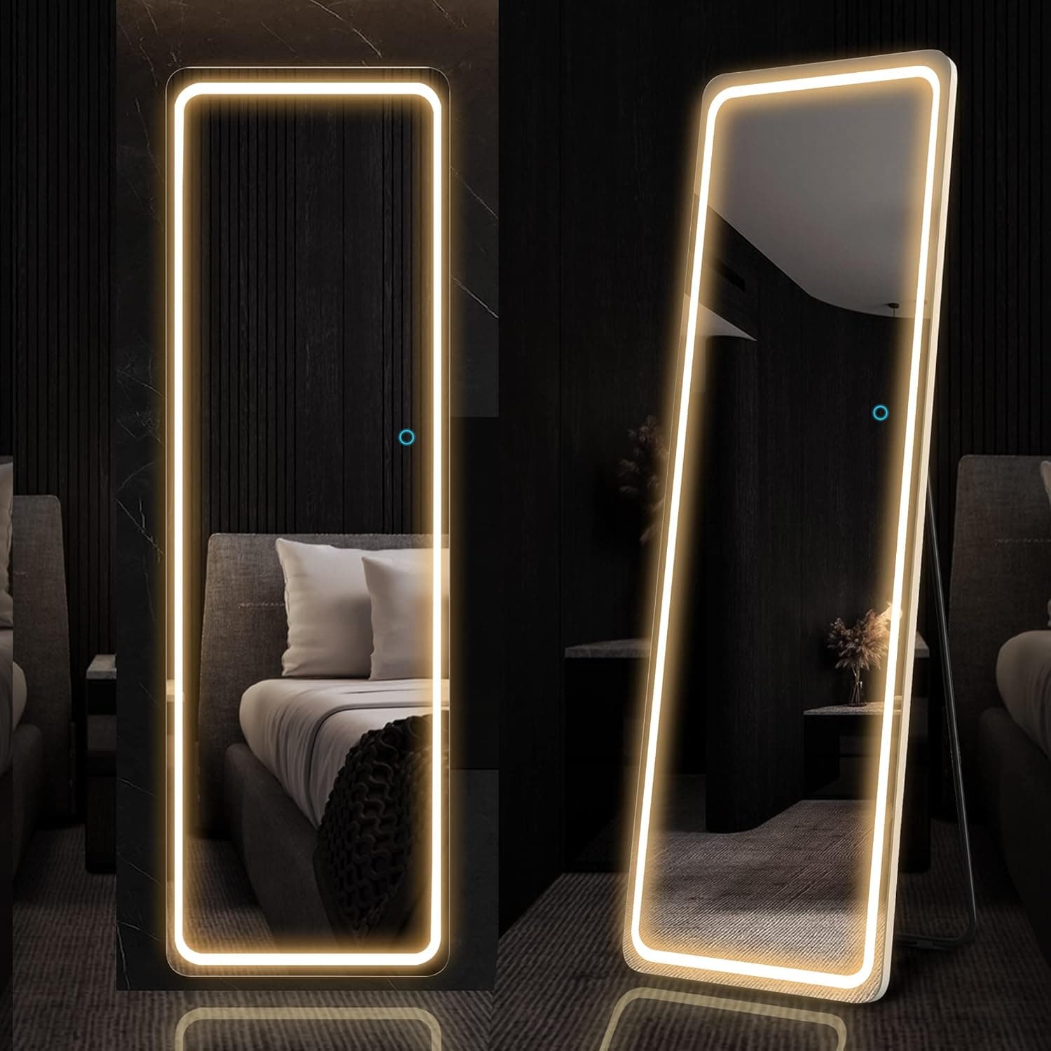 LVSOMT Full Length Mirror with LED Lights, Free Standing Tall Mirror, Lighted Floor Mirror, Wall Mounted Hanging Mirror, Full Body Mirror w/Dimming & 3 Color Lighting for Bedroom (63"x20", White)