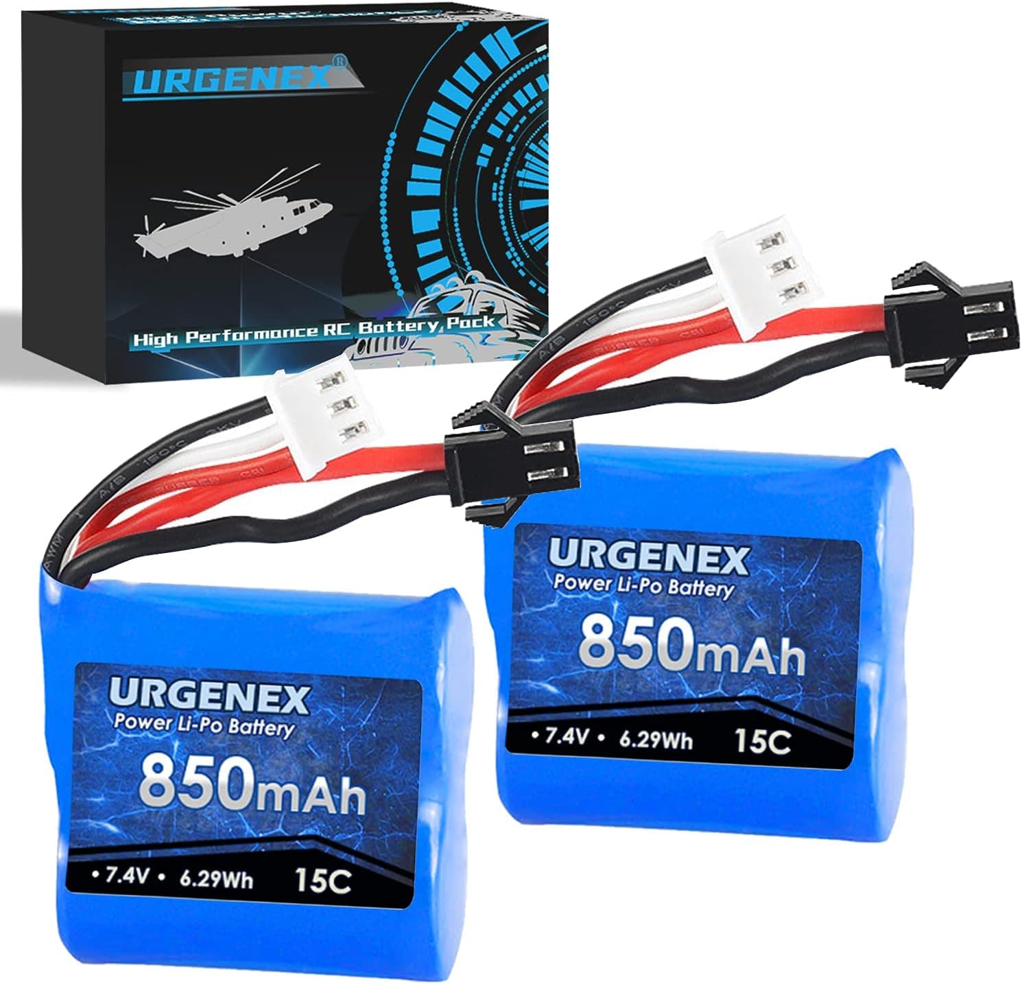 URGENEX 7.4V Lipo Battery 850mAh 2S RC Boat Battery with SM 2P Plug 6.29Wh H100 Batteries for Skytech H100 H102 RC Boats
