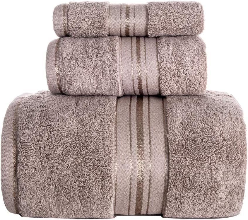 Lizling Luxury Bath Towels Set 3 Pack, Towel Set 100% Cotton (1 Large Bath Towel, 1 Hand Towel, 1 Washcloth) Ultra Soft and Highly Absorbent, for Bathroom, Hotel, Spa, Beach and Gym-Khaki