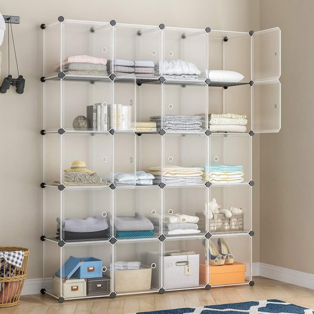KOUSI Portable Storage Cubes-14 x14 Cube (20 Cubes)-More Stable (add Metal Panel) Cube Shelves with Doors, Modular Bookshelf Units,Clothes Storage Shelves,Room Organizer for Cubby Cube
