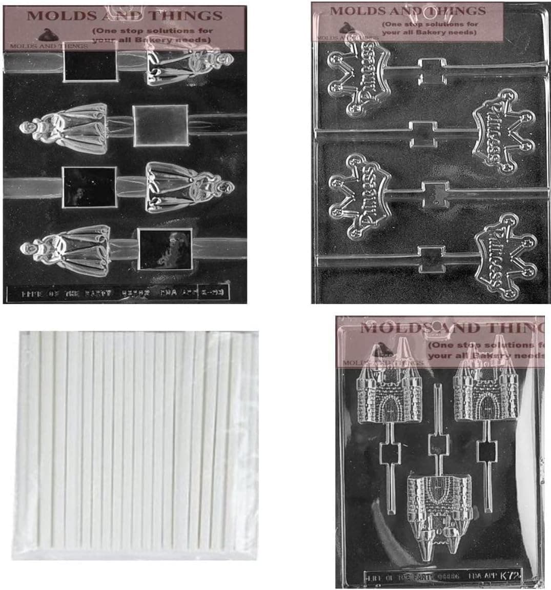 Princess Pretzel chocolate candy mold, Princess Crown chocolate candy mold, Castle Lolly Kids Chocolate Candy Mold + Copywrited Molding Instruction + 50 lollipop sticks