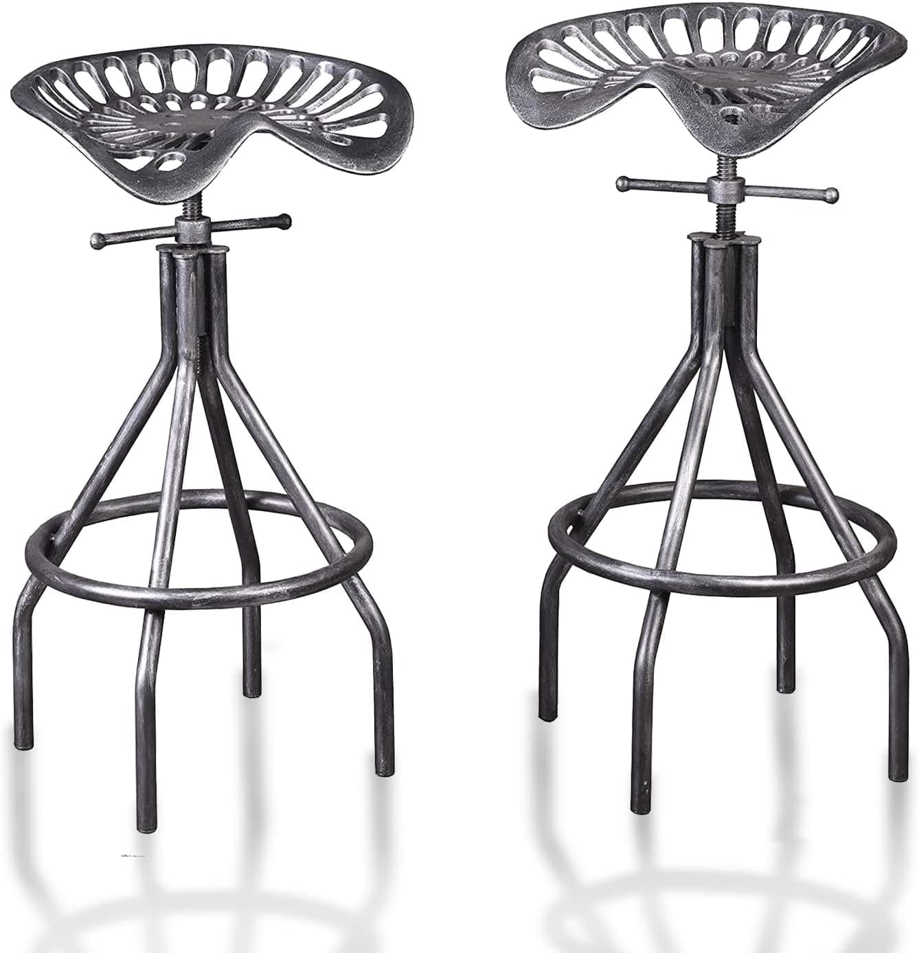 GWAREZ Set of 2 Rustic Industrial Bar Stool-Cast Iron Tractor Seat Stool-Adjustable Counter Height Swivel Breakfast Bar Stool-Rustic Farmhouse Metal Stool-24-30 Inch Seat Height( Brush Silver)