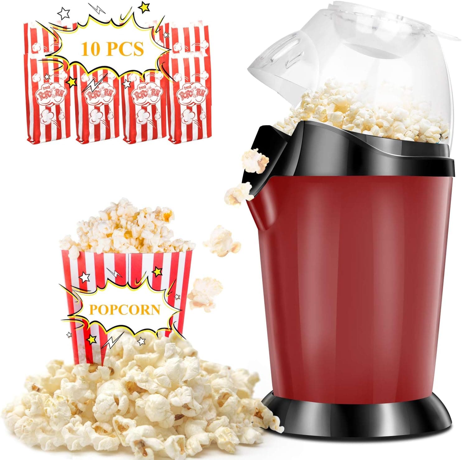 Hot Air Popcorn Machine,No Oil Needed BPA Free1200W Electric Popcorn Maker, Household Popcorn Popper for Healthy Snacks, High Efficiency, DIY Your Own Taste, Great for Family Parties and Movies Night, Red