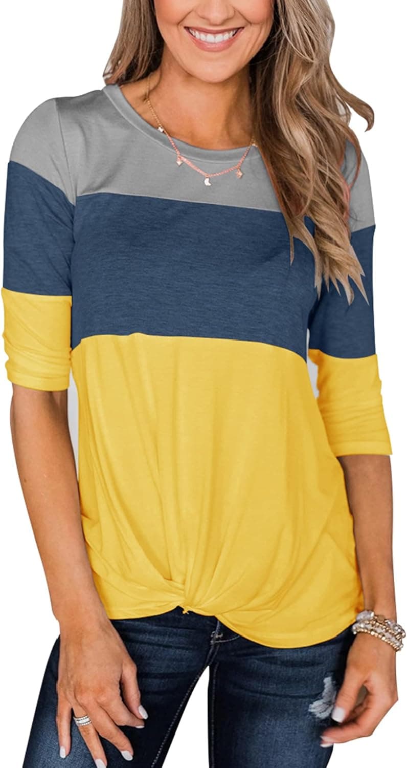 Minthunter Women's Half Sleeve T Shirts Casual Color Block Round Neck Spring Tops