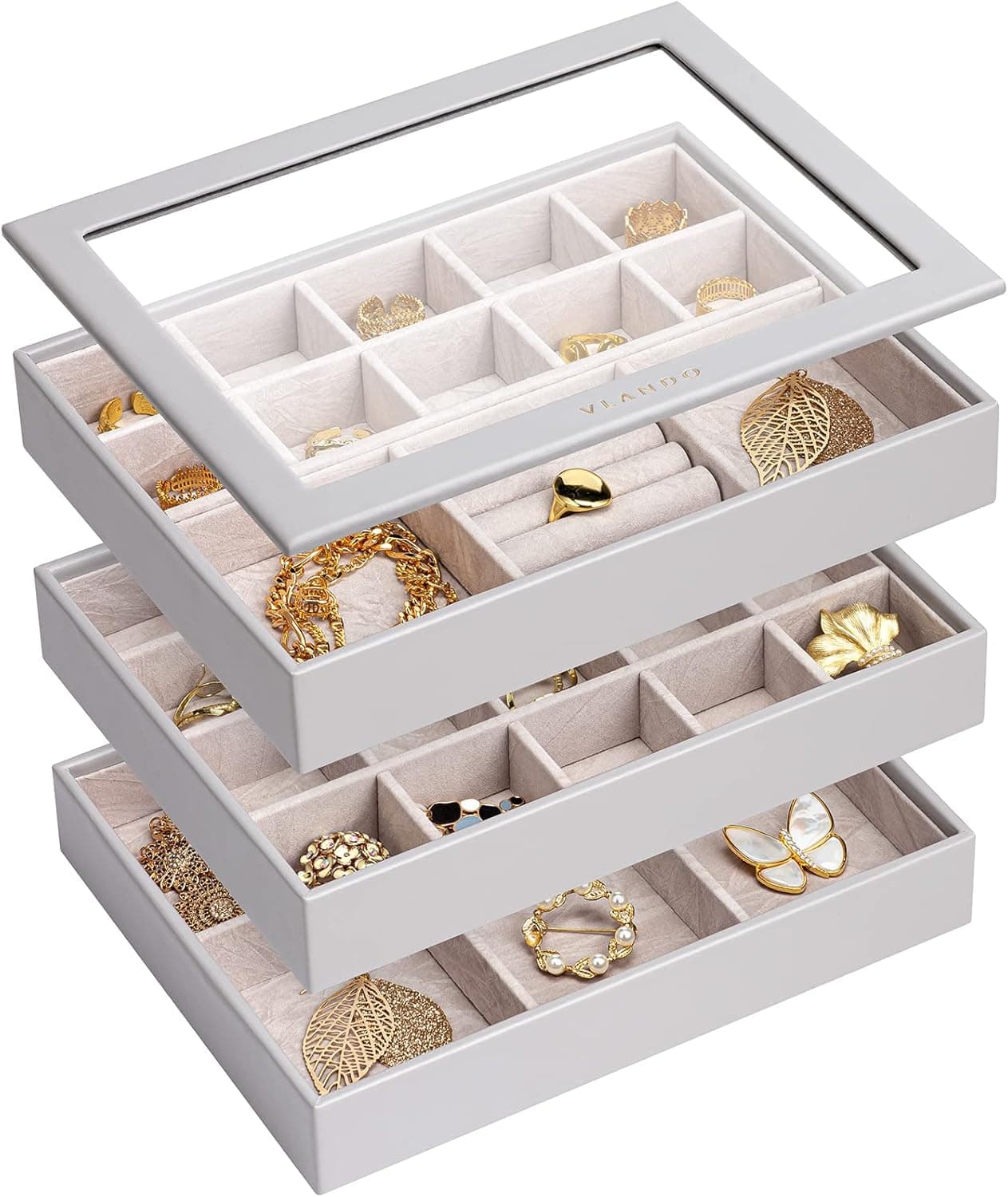 Vlando Medium Stackable Jewelry Tray, Faux Leather Jewelry Trays Storage Organizer Display Box Case Holder for Earrings Rings Necklace Christmas New Year Thanksgiving Gift Set of 4 Grey