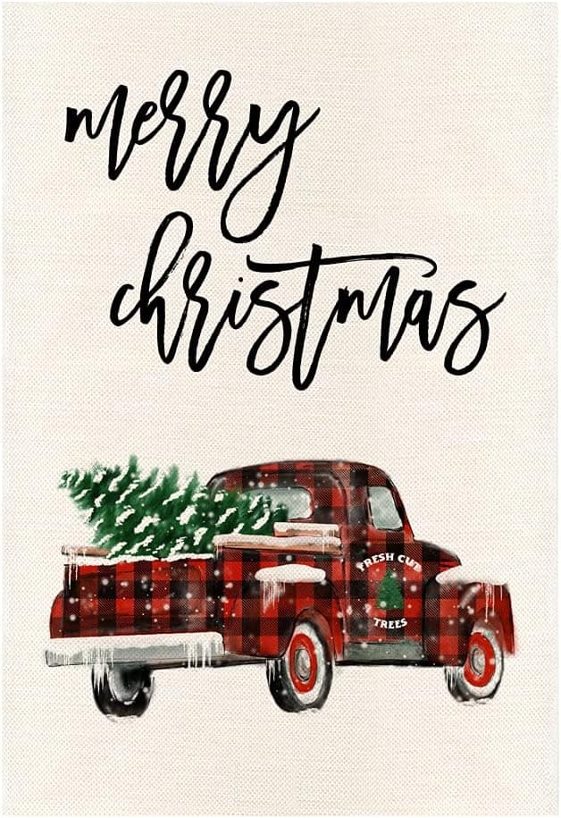 MONORD Merry Christmas Fresh Cut Trees Truck Buffalo Plaid Red Black Garden Flag Vertical Double Sided, Xmas Winter Yard Outdoor Decor 12 x 18 Inch